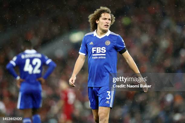 Wout Faes of Leicester during the Premier League match between Liverpool FC and Leicester City at Anfield on December 30, 2022 in Liverpool, England.