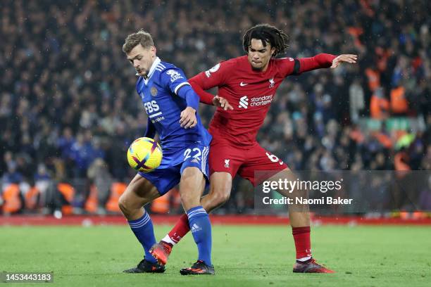 Kiernan Dewsbury-Hall of Leicester battles for the ball with Trent Alexander-Arnold of Liverpool during the Premier League match between Liverpool FC...