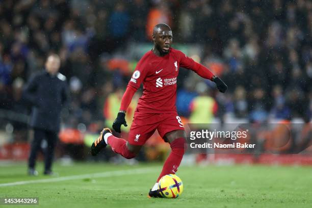 Naby Keita of Liverpool during the Premier League match between Liverpool FC and Leicester City at Anfield on December 30, 2022 in Liverpool, England.