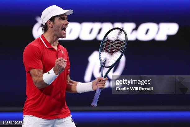 Borna Coric of Croatia reacts after winning the Men's singles match against Francisco Cerundolo of Argentina during day three of the 2023 United Cup...