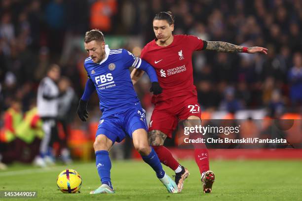 Darwin Nunez of Liverpool in action with Jamie Vardy of Leicester City during the Premier League match between Liverpool FC and Leicester City at...