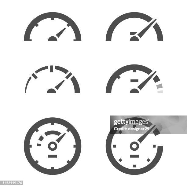 ilustraciones, imágenes clip art, dibujos animados e iconos de stock de icono del velocímetro establecer diseño vectorial. - velocímetro
