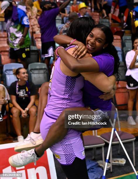 Penina Davidson of the Boomers celebrates after winning the round eight WNBL match between Townsville Fire and Melbourne Boomers at Townsville...