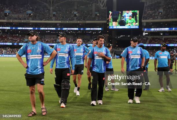 Strikers players after the loss during the Men's Big Bash League match between the Adelaide Strikers and the Melbourne Stars at Adelaide Oval, on...