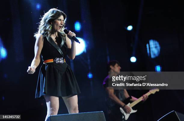 Singer Laura Pausini and Paolo Carta perform live during 2012 Wind Music Awards held at Arena of Verona on May 26, 2012 in Verona, Italy.
