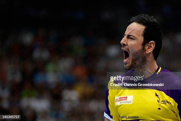 Iker Romero Fernandez of Berlin reacts during the EHF Final Four 3rd place match between Fuechse Berlin and AG Kobenhavn at Lanxess Arena on May 27,...