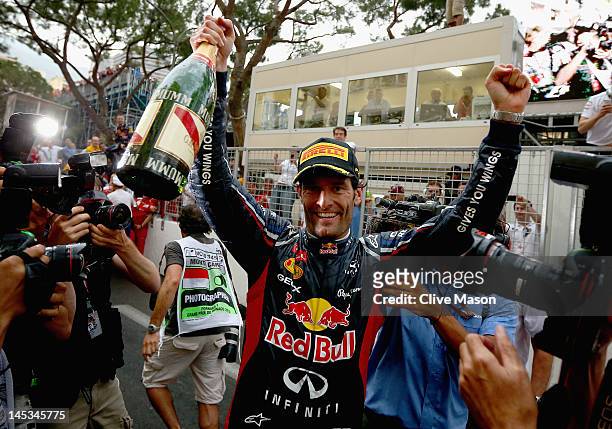 Mark Webber of Australia and Red Bull Racing celebrates winning the Monaco Formula One Grand Prix at the Circuit de Monaco on May 27, 2012 in Monte...