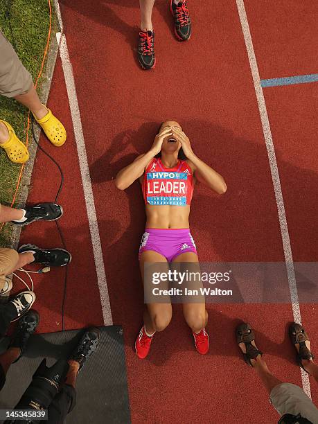 Jessica Ennis of Great Britain celebrates after the Women's 800m during the women's heptathlon during the Hypomeeting Gotzis 2012 at the Mosle...