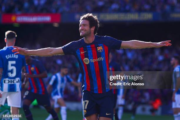 Marcos Alonso of FC Barcelona celebrates scoring his side's first goal during the LaLiga Santander match between FC Barcelona and RCD Espanyol at...