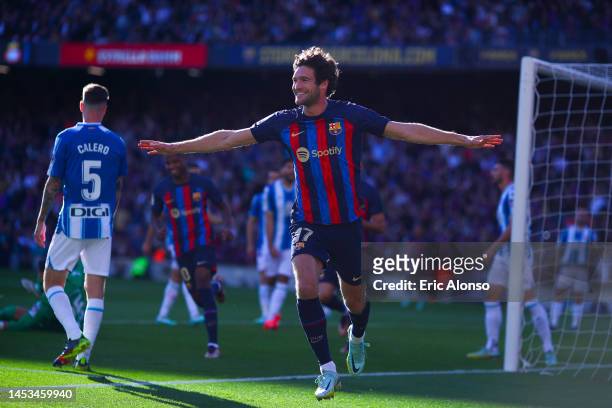 Marcos Alonso of FC Barcelona celebrates scoring his side's first goal during the LaLiga Santander match between FC Barcelona and RCD Espanyol at...