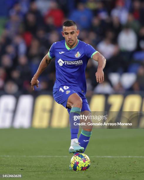 Angel Algobia of Getafe CF controls the ball during the LaLiga Santander match between Getafe CF and RCD Mallorca at Coliseum Alfonso Perez on...