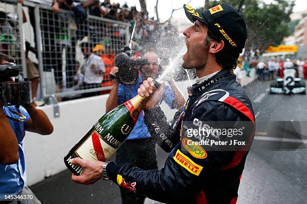 Mark Webber of Australia and Red Bull celebrates winning the Monaco Formula One Grand Prix at the Circuit de Monaco on May 27, 2012 in Monte Carlo,...