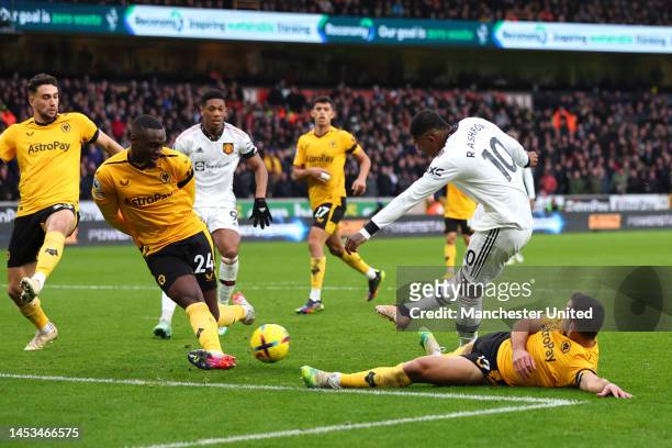 Marcus Rashford of Manchester United scores the team's first goal during the Premier League match between Wolverhampton Wanderers and Manchester...