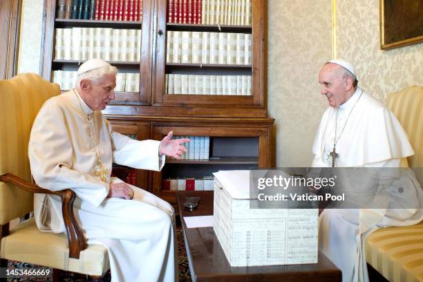 Pope Francis, who was elected on March 13, meets with Pope Emeritus Benedict XVI , as he arrives by helicopter at the papal summer residence of...