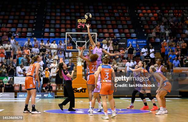 The tip off is seen at the start of the round eight WNBL match between Townsville Fire and Melbourne Boomers at Townsville Entertainment Centre, on...