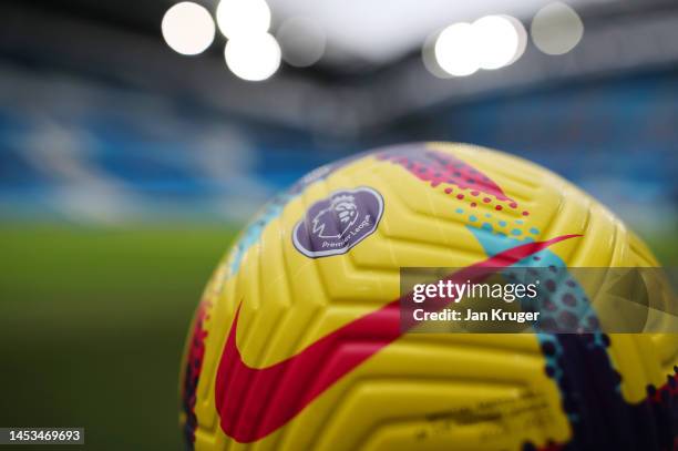 Detailed view of the Nike Flight Hi-Vis Premier League match ball prior to the Premier League match between Manchester City and Everton FC at Etihad...