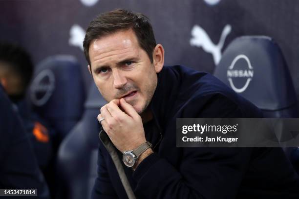 Frank Lampard, Manager of Everton looks on prior to the Premier League match between Manchester City and Everton FC at Etihad Stadium on December 31,...