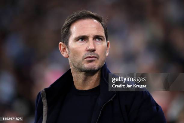 Frank Lampard, Manager of Everton looks on prior to the Premier League match between Manchester City and Everton FC at Etihad Stadium on December 31,...