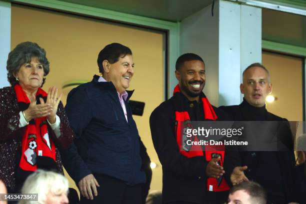 Michael B. Jordan, Minority Shareholder of AFC Bournemouth, wears a AFC Bournemouth scarf as they look on from a hospitality box prior to the Premier...