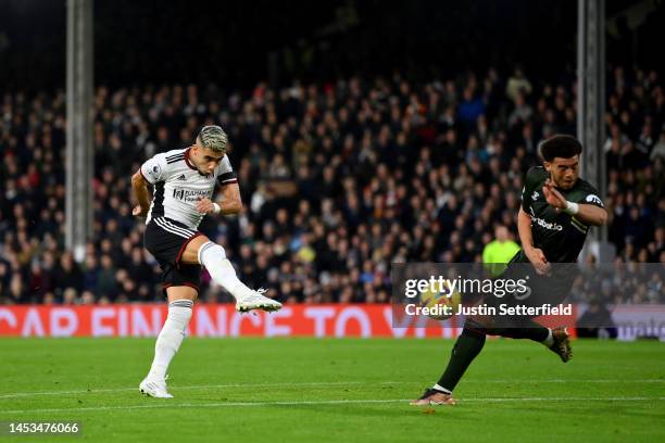 Andreas Pereira of Fulham scores the team's first goal during the Premier League match between Fulham FC and Southampton FC at Craven Cottage on...