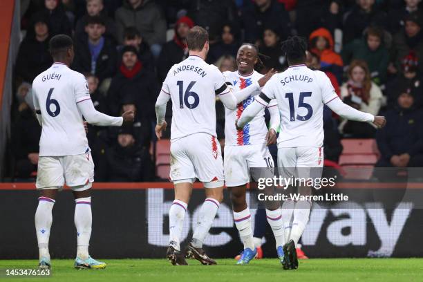 Eberechi Eze of Crystal Palace celebrates after scoring the team's second goal with teammates during the Premier League match between AFC Bournemouth...