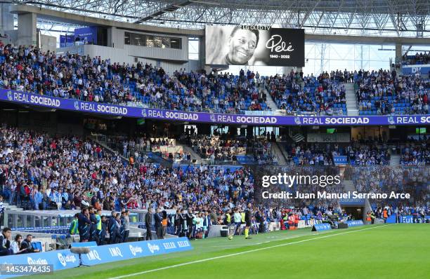 General view of the inside of the stadium as the LED Screen displays a tribute in memory of former Brazil player Pele prior to the LaLiga Santander...
