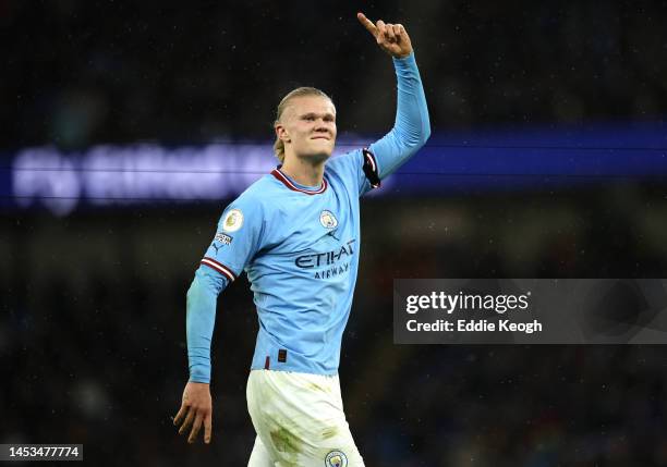Erling Haaland of Manchester City reacts during the Premier League match between Manchester City and Everton FC at Etihad Stadium on December 31,...