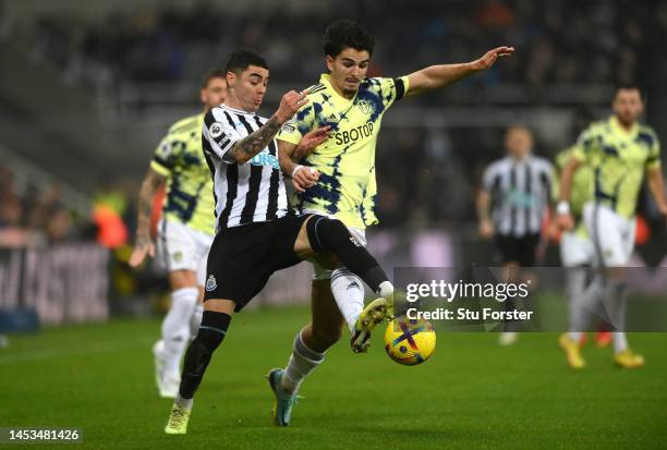 Miguel Almiron of Newcastle United challenges Pascal Struijk of Leeds United during the Premier League match between Newcastle United and Leeds...