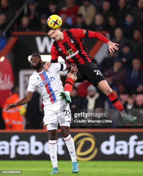 Odsonne Edouard of Crystal Palace contends for the aerial ball with Kieffer Moore of AFC Bournemouth during the Premier League match between AFC...