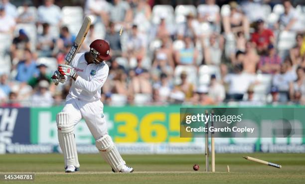 Kieron Powell of the West Indies is bowled by James Anderson of England during day three of the second Test match between England and the West Indies...