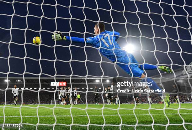 Bernd Leno of Fulham fails to save a shot by James Ward-Prowse of Southampton which leads to Southampton's first goal during the Premier League match...