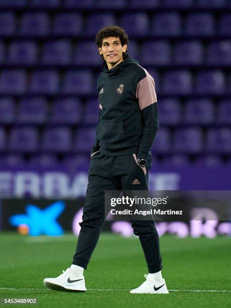 Jesus Vallejo of Real Madrid looks on prior to the LaLiga Santander match between Real Valladolid CF and Real Madrid CF at Estadio Municipal Jose...