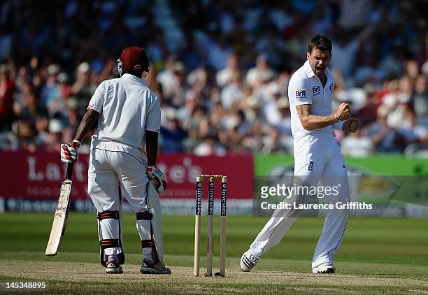 James Anderson of England celebrates the wicket of Adrian Barath of West Indies during the Second Investec Test Match between England and West Indies...