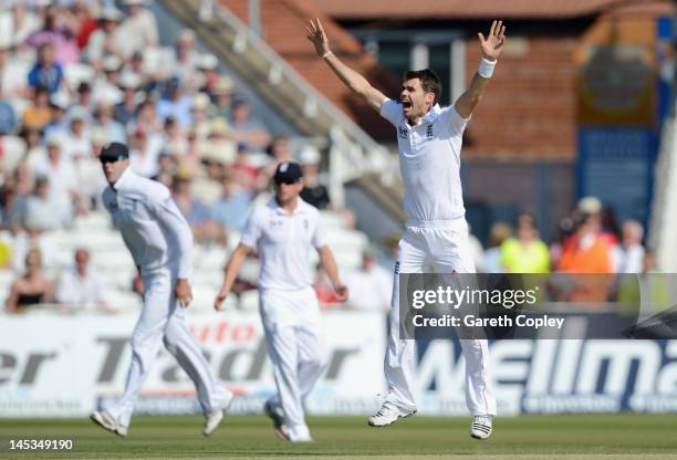 James Anderson of England celebrates dismissing Adrian Barath of the West Indies during day three of the second Test match between England and the...