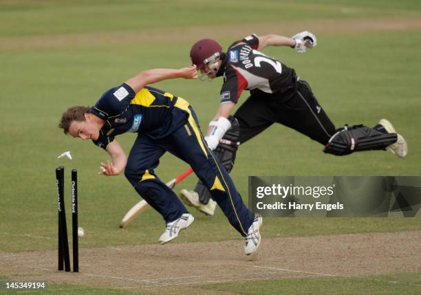 David Griffiths of Hampsire runs out George Dockrell of Somerset during the Clydesdale Bank Pro40 match between Somerset and Hampshire at the County...