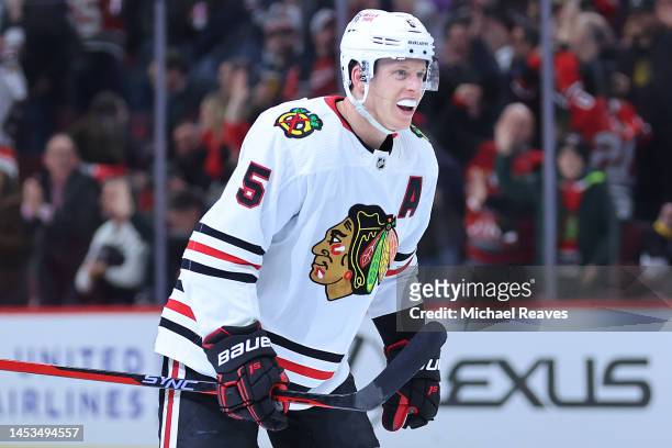 Connor Murphy of the Chicago Blackhawks celebrates after scoring a goal against the Nashville Predators during the second period at United Center on...