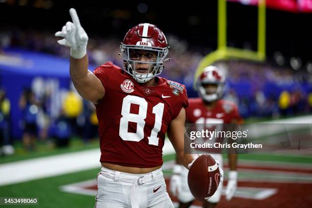 Cameron Latu of the Alabama Crimson Tide reacts after a touchdown against Kansas State Wildcats during the Allstate Sugar Bowl at Caesars Superdome...