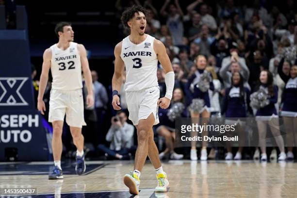 Colby Jones of the Xavier Musketeers reacts in the second half against the Connecticut Huskies at the Cintas Center on December 31, 2022 in...