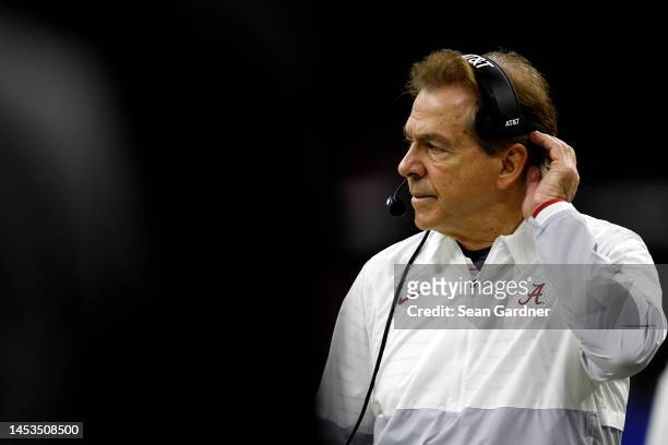 Nick Saban head coach of the Alabama Crimson Tide looks on during the fourth quarter of the Allstate Sugar Bowl against the Kansas State Wildcats at...