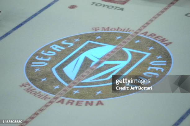 General view of the Vegas Golden Knights logo on the ice during a game against the Nashville Predators at T-Mobile Arena on December 31, 2022 in Las...