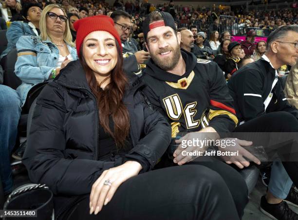 Bryce Harper is seen in attendance with wife Kayla during the game between the Vegas Golden Knights and the Nashville Predators at T-Mobile Arena on...