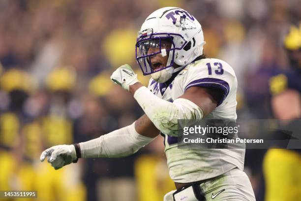 Dee Winters of the TCU Horned Frogs celebrates a defensive stop during the first quarter against the Michigan Wolverines in the Vrbo Fiesta Bowl at...