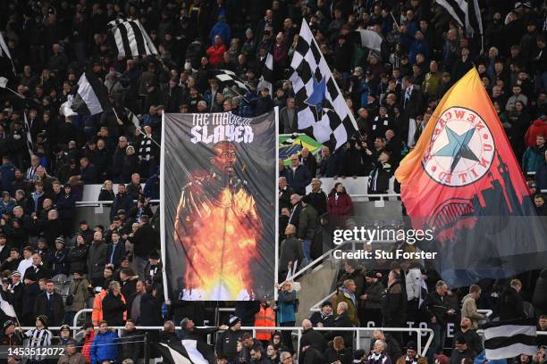 Flag in the Gallowgate end shows Shola Ameobi "The Mackem Slayer" during the Premier League match between Newcastle United and Leeds United at St....