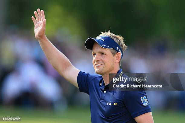 Luke Donald of England celebrates his win on the 18th green during the final round of the BMW PGA Championship on the West Course at Wentworth on May...