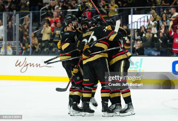 Chandler Stephenson of the Vegas Golden Knights celebrates after scoring a goal during the third period against the Nashville Predators at T-Mobile...