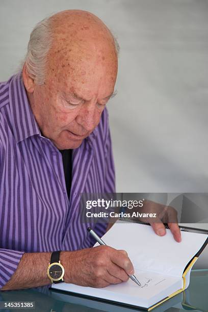 Author Eduardo Galeano attends a book signing for her latest work during "Books Fair 2012" at the Retiro Park on May 27, 2012 in Madrid, Spain.