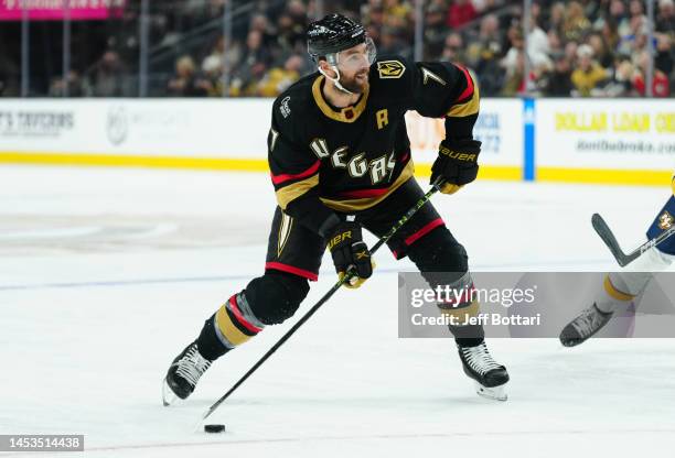 Alex Pietrangelo of the Vegas Golden Knights skates during the third period against the Nashville Predators at T-Mobile Arena on December 31, 2022 in...