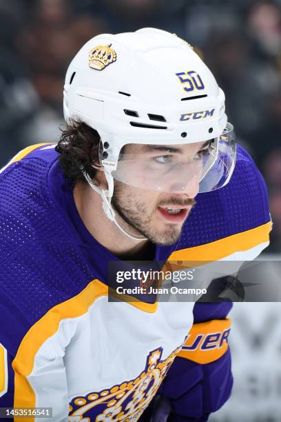 Sean Durzi of the Los Angeles Kings during the second period against the Philadelphia Flyers at Crypto.com Arena on December 31, 2022 in Los Angeles,...