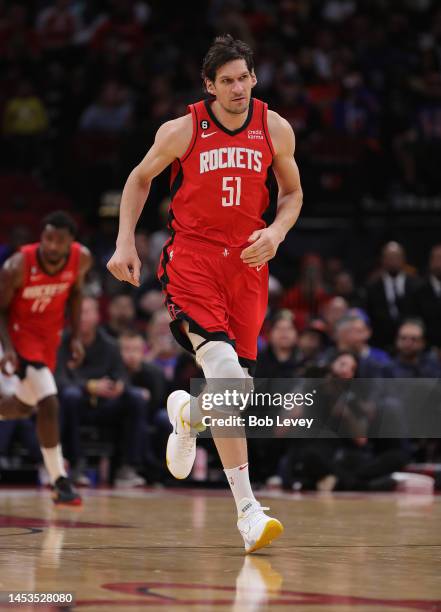 Boban Marjanovic of the Houston Rockets runs up the court during the second quarter against the New York Knicks at Toyota Center on December 31, 2022...