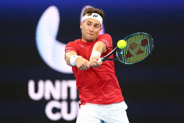 Casper Ruud of Norway plays a backhand in his match against Thiago Monteiro of Brazi during day four of the 2023 United Cup at Pat Rafter Arena on...
